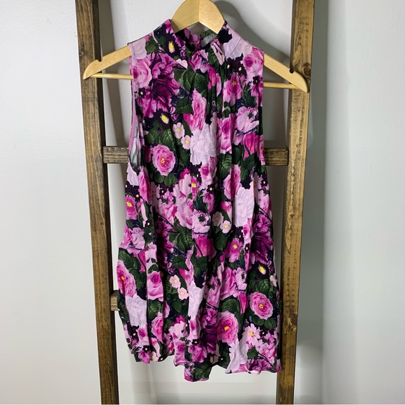 Lela Rose Pink, Purple, & Black Floral Print Sleeveless Mock Neck Blouse Sz 6 - Picture 1 of 5